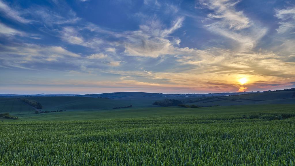 レンズは24mm単焦点を使っています。16mmを使うと太陽が小さくなりすぎて雰囲気が失われます。35mmにすると草原の広さが伝わりにくくなります。手前に丘陵に太陽光が遮られているため、前景の光量は十分ではありません。空と地上の光量差を減らすために、色に影響を与えず上半分を通過した光量だけを低下させるハーフNDフィルターを使っています。ハーフNDフィルターを使うことで、夕日のオレンジ色に夕景はオレンジ色という考えが一般的ですが、オレンジと夕景の時の青色は格別の美しさです。夕日のオレンジ、空の青、草原の緑の色のバランスがこの写真のポイントです。